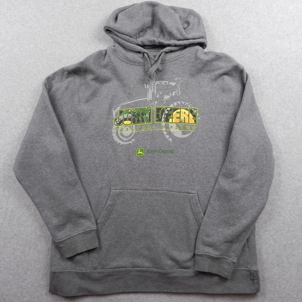 John Deere Hoodie Mens XL Pullover Fleece Sweatshirt Farm Logo Gray Long Sleeve‎